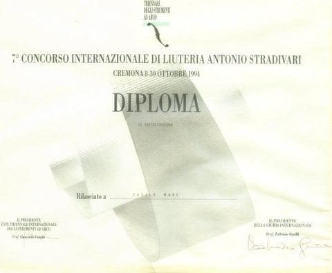 Diplomă de participare, Concursul Antonio Stradivari, Cremona 1994, Vasile Mare