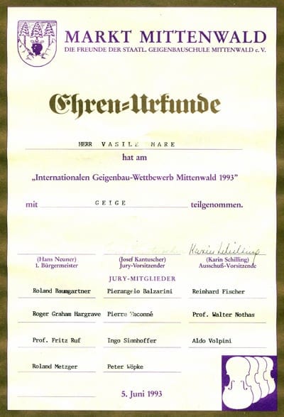 Ehren-Urkunde Mittenwald 1993, Vasile Mare, vioară