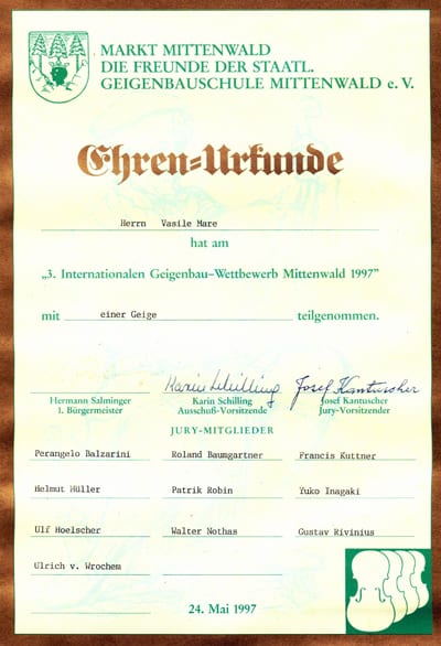 Certificat de onoare Mittenwald 1997, Vasile Mare, vioară