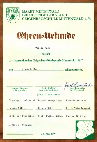 Certificat de onoare Mittenwald 1997, Vasile Mare, violoncel