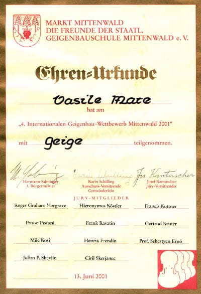 Certificat de onoare Mittenwald 2001, Vasile Mare, vioară