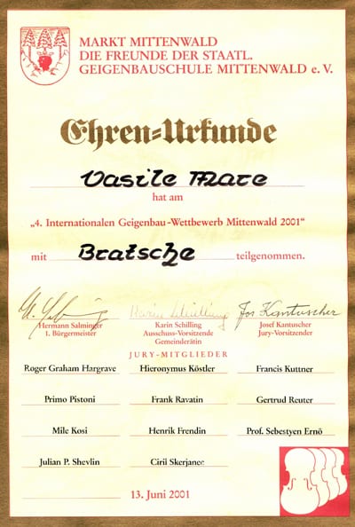 Certificat de onoare Mittenwald 2001, Vasile Mare, violă