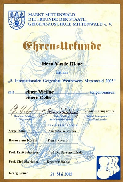 Certificat de onoare dublă Mittenwald 2005, Vasile Mare, vioară și violoncel